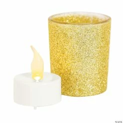 New 🎉 Gold Glitter Glass Votive Candle Holders with Battery-Operated Tea Light Candles - Makes 12 🎉